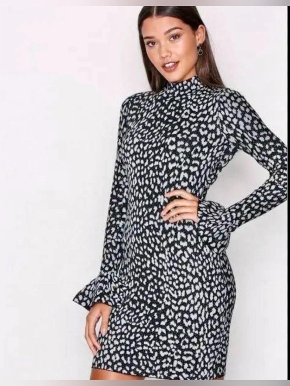 Michael Kors Black and Silver Metallic White Long Sleeve Mockneck Dress